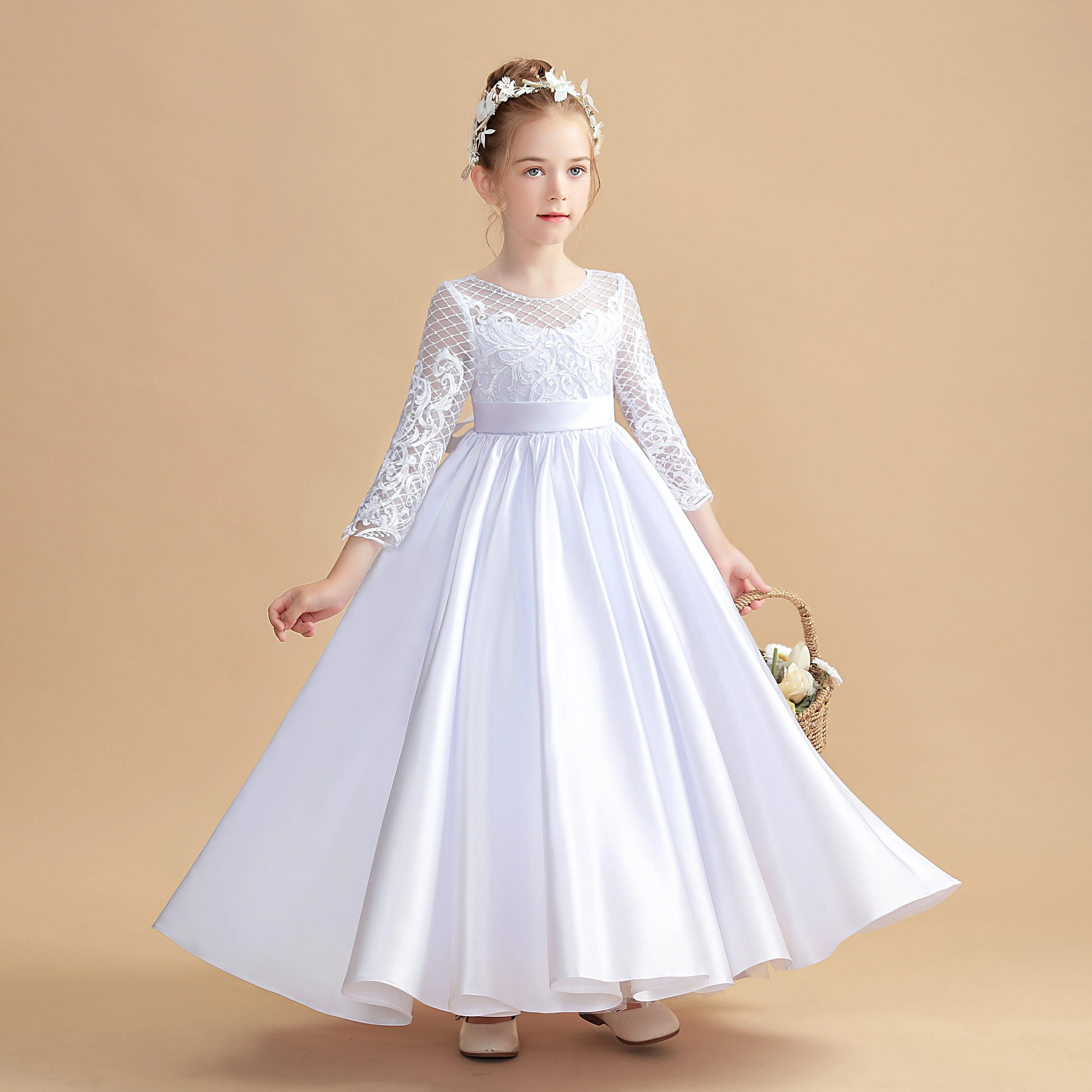 Round Neck White Satin Long Sleeves Flower Girl Dresses With Bowknot