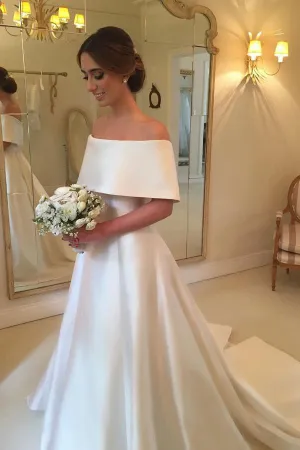 Roycebridal A-line Off Shoulder Simple Satin Long Bridal Gown, Hot Wedding Dresses, MW256
