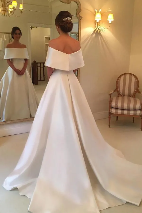 Roycebridal A-line Off Shoulder Simple Satin Long Bridal Gown, Hot Wedding Dresses, MW256