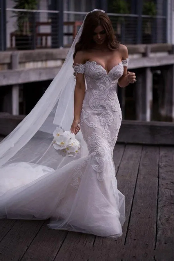 Roycebridal Attractive Off Shoulder Lace Mermaid Long Wedding Dress with Appliques, MW118