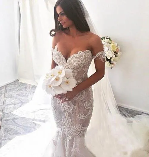 Roycebridal Attractive Off Shoulder Lace Mermaid Long Wedding Dress with Appliques, MW118