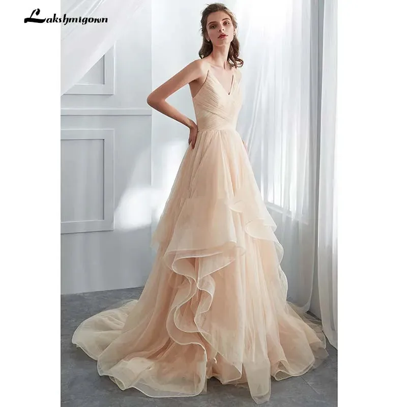 Roycebridal Romantic Spaghetti Straps Champagne Puffy Long Ruffled Soft Tulle Ball Gown Wedding Dress Bridal Dresses Vestido De Noiva