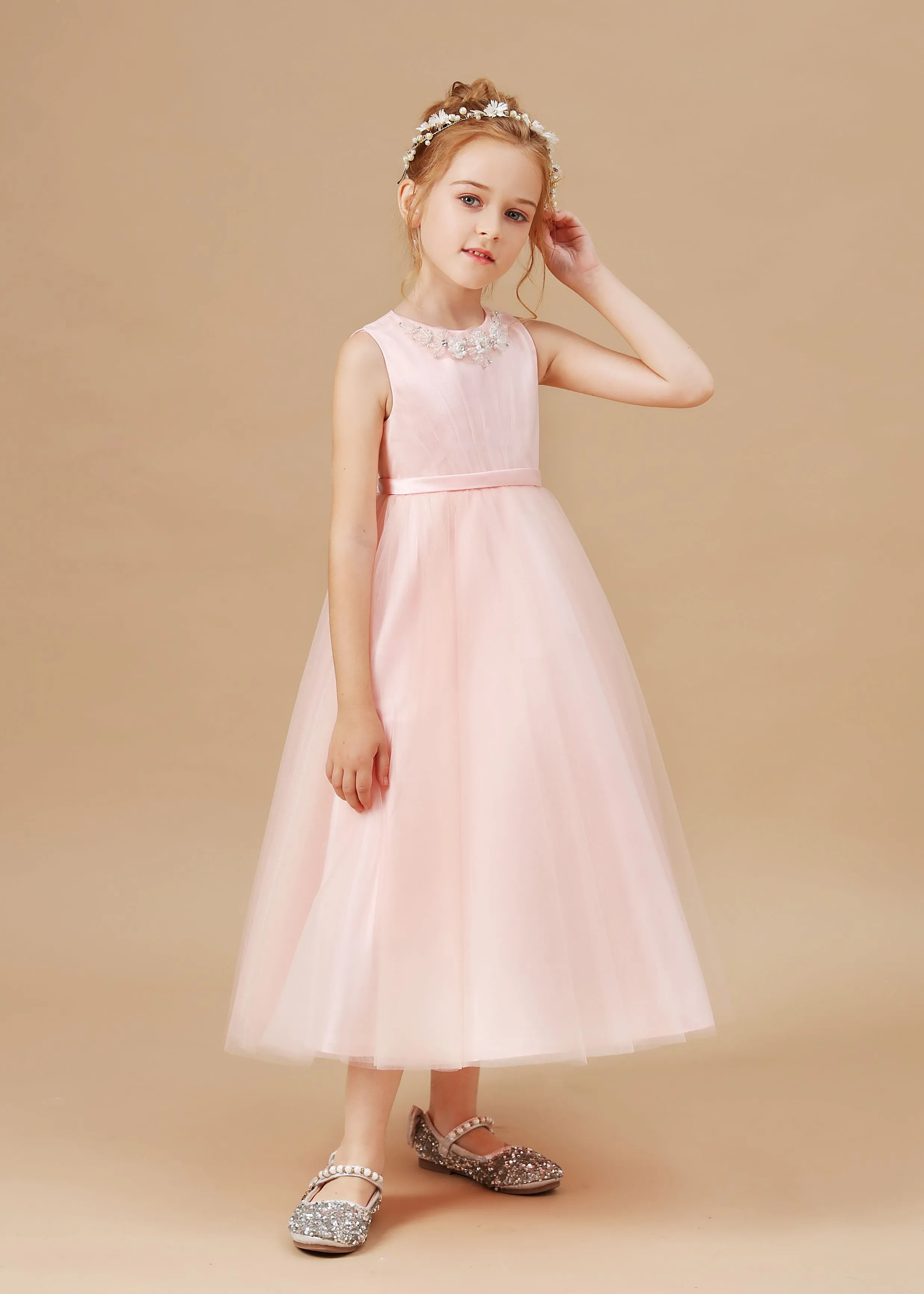 Sleeveless Applique Tulle Crepe Satin Flower Girl Dresses With Bowknot