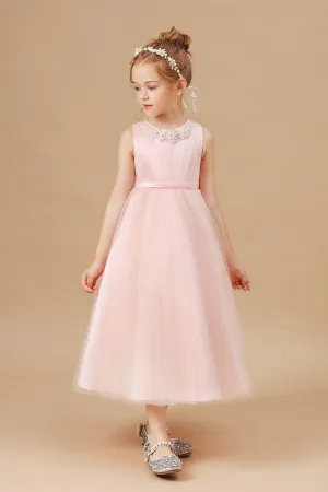 Sleeveless Applique Tulle Crepe Satin Flower Girl Dresses With Bowknot