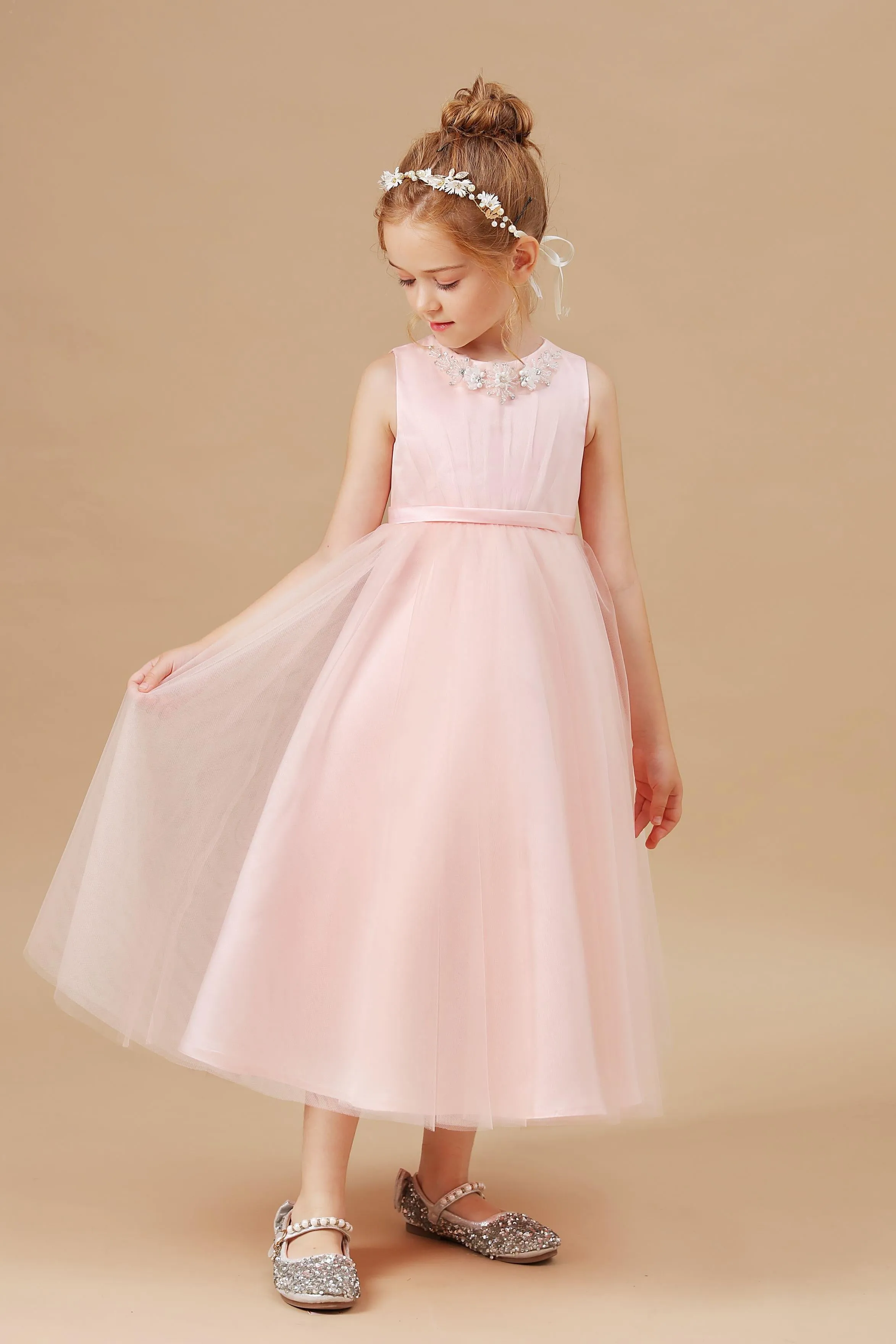 Sleeveless Applique Tulle Crepe Satin Flower Girl Dresses With Bowknot