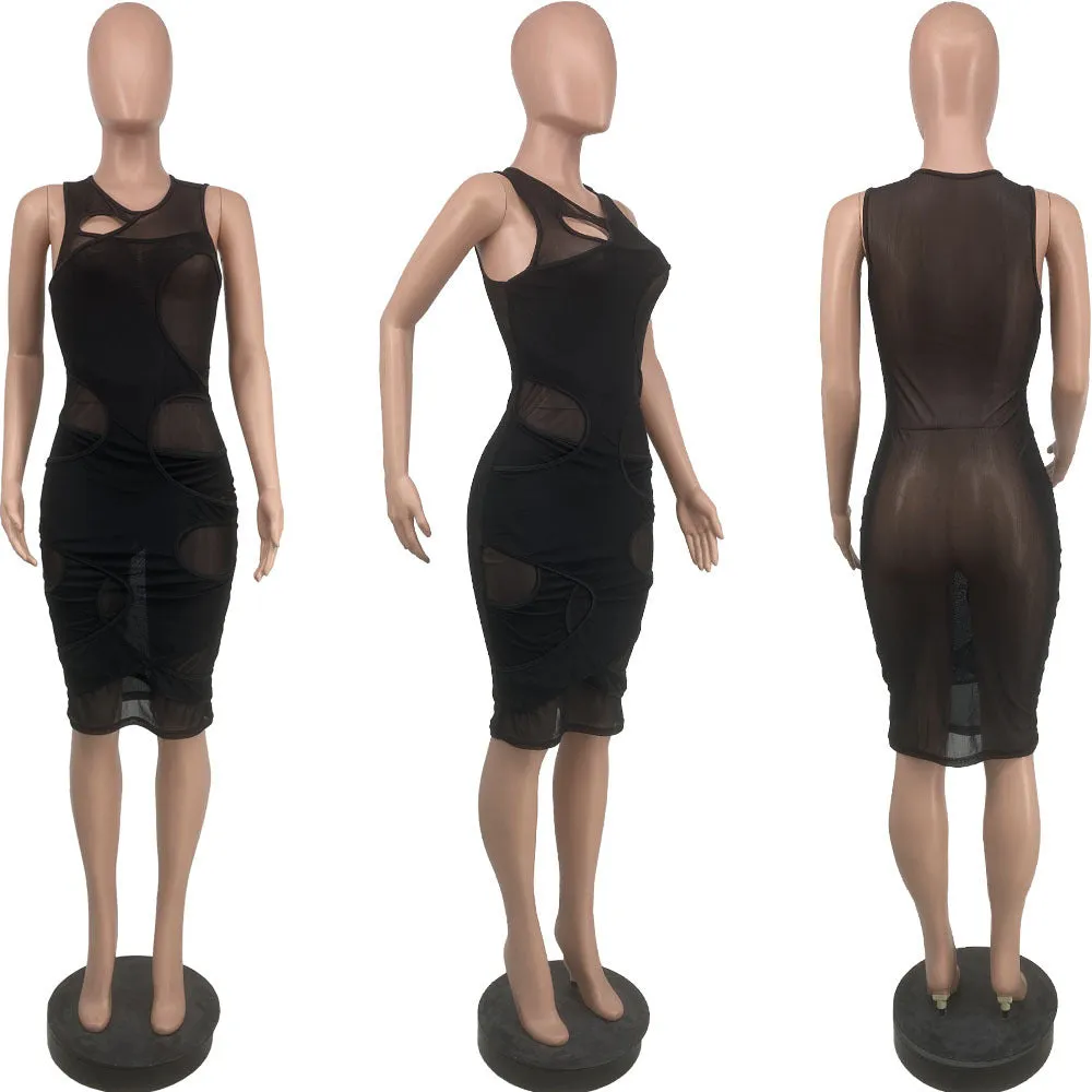 Solid Mesh Sleeveless Hollow Dress