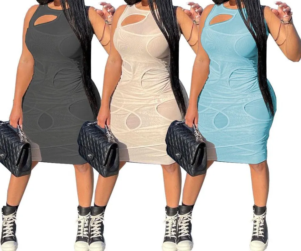 Solid Mesh Sleeveless Hollow Dress