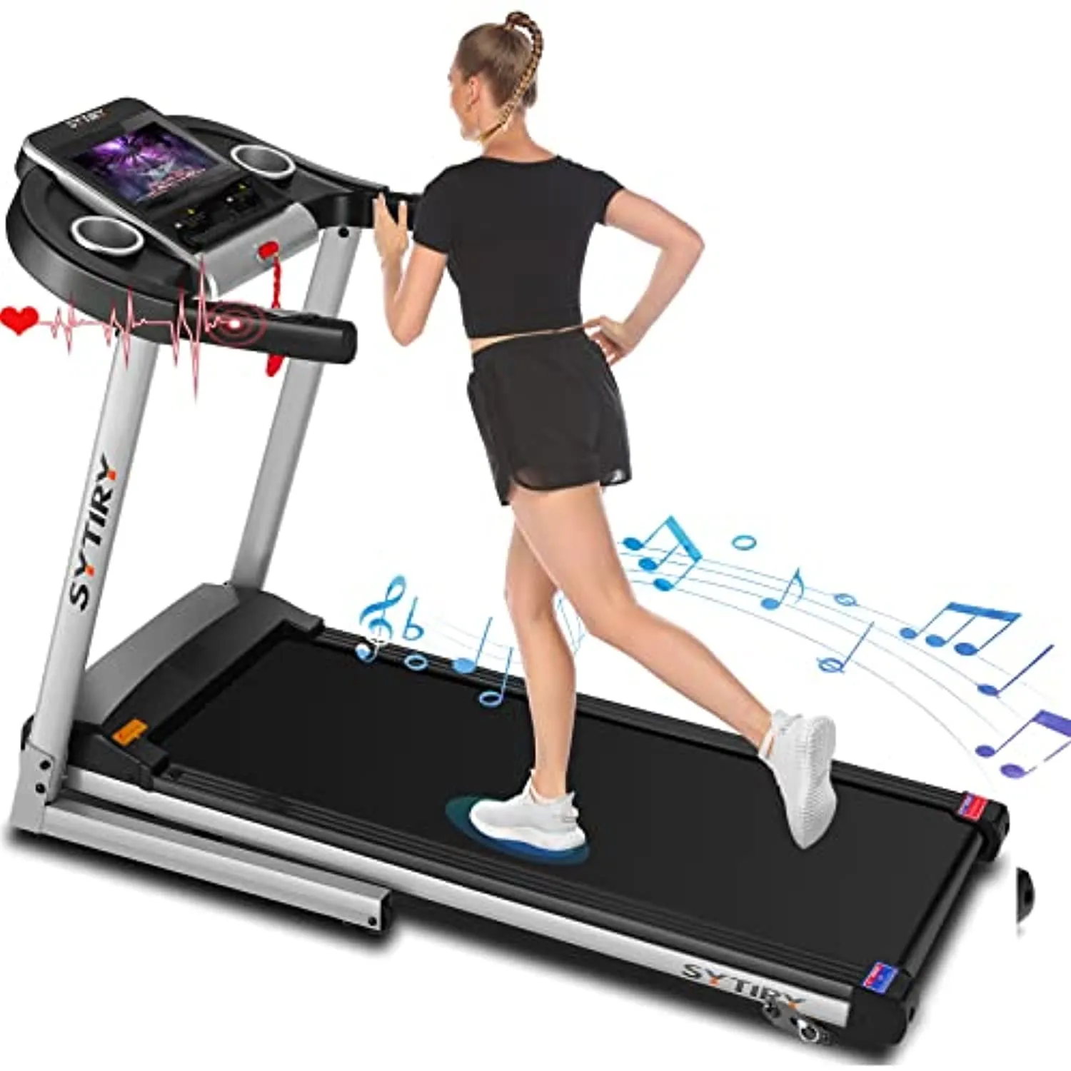 SYTIRY Treadmill,3.25 HP Electric Treadmill for Home with Incline/10 HD tv Touchscreen,Multifunctional Folding Treadmill