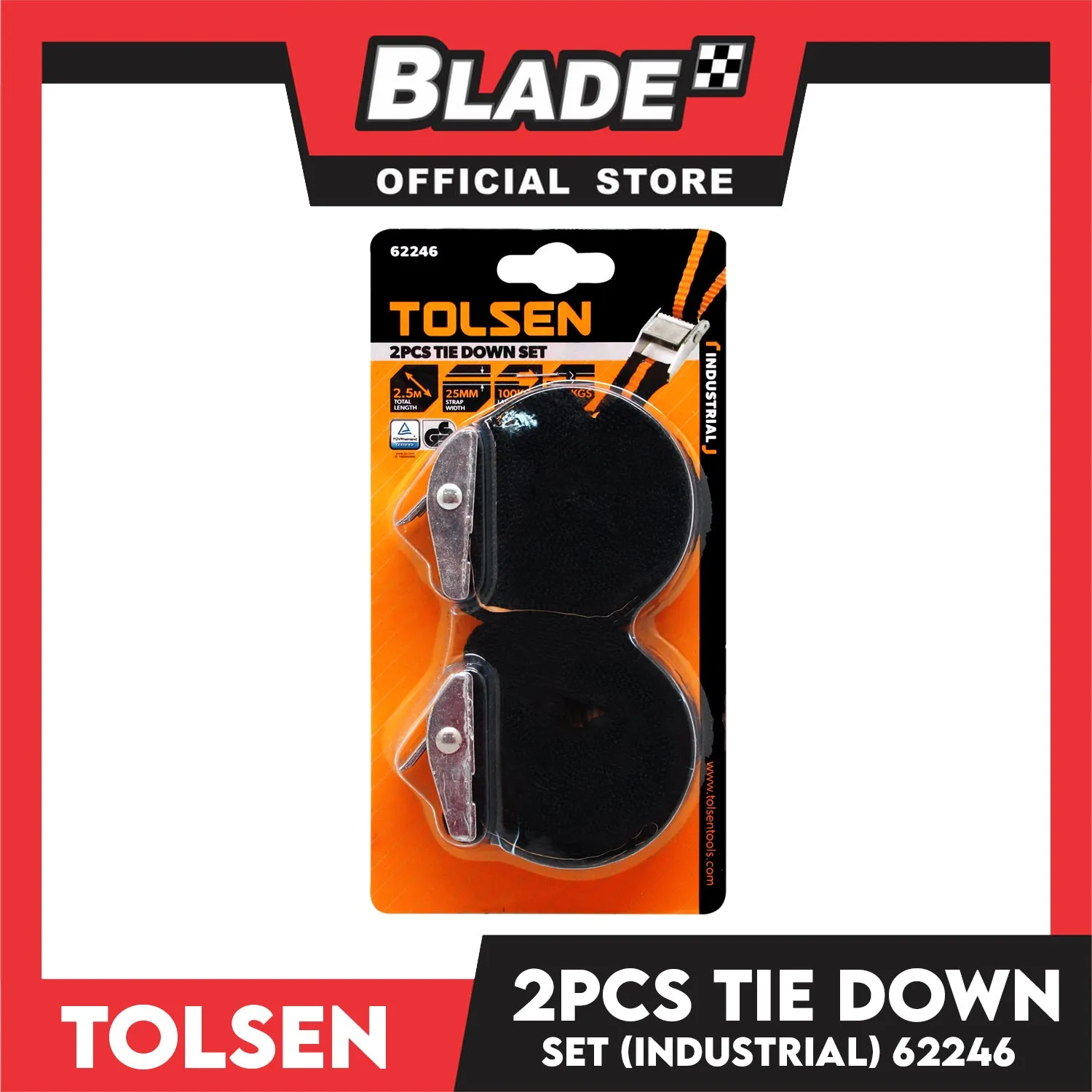 Tolsen 2pcs. Industrial Tie Down. Set 25mm x 2.5m with High Elasticity 62246