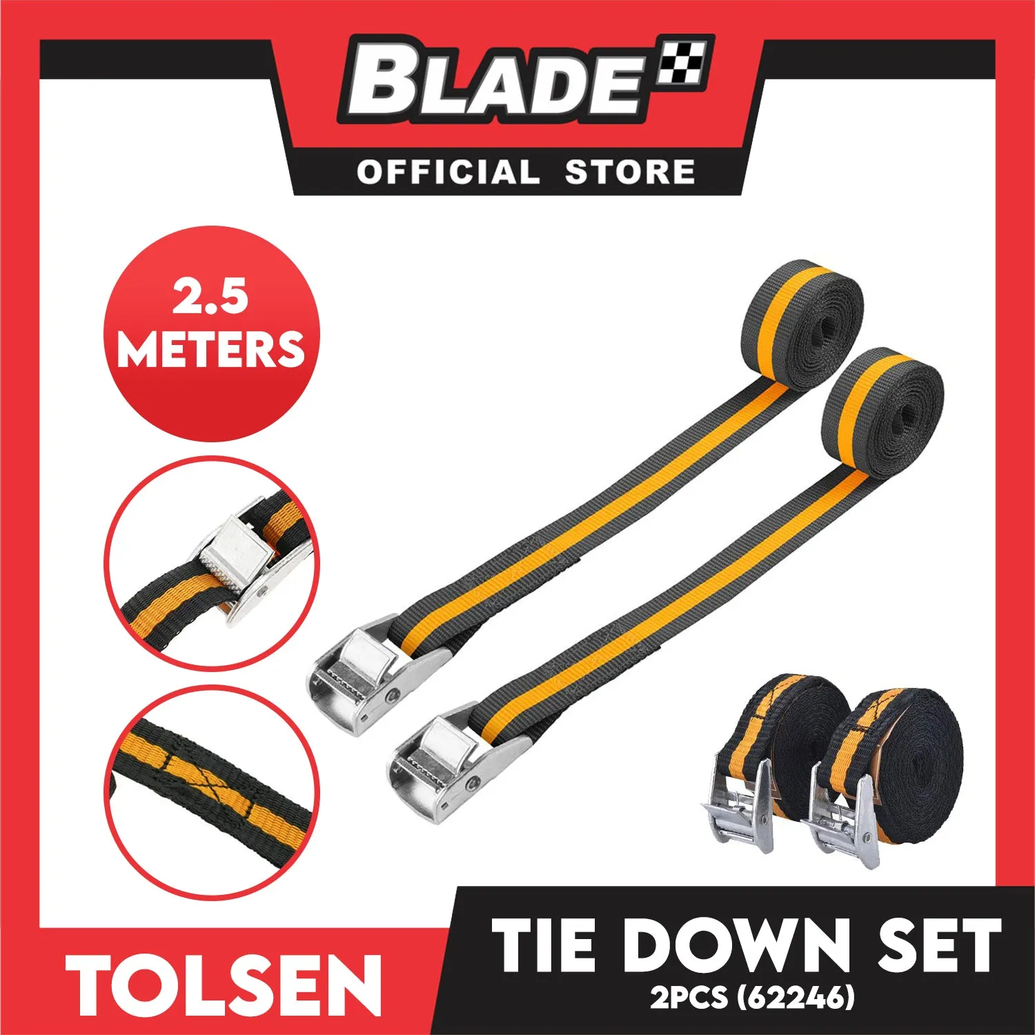 Tolsen 2pcs. Industrial Tie Down. Set 25mm x 2.5m with High Elasticity 62246