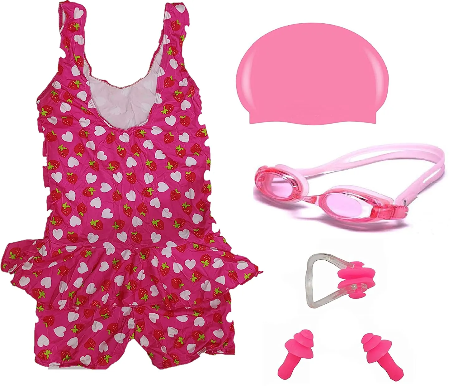 Toyshine Swimming Combo for 7 Age- Swimsuit One Piece,Swimming Goggles, Silicone Swimming Cap,1 Nose Clip 2 Ear Plugs,Color and Design May Vary (CI-106) SSTP