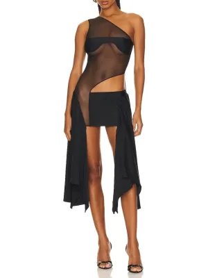 Tricot Mesh Dress in Black