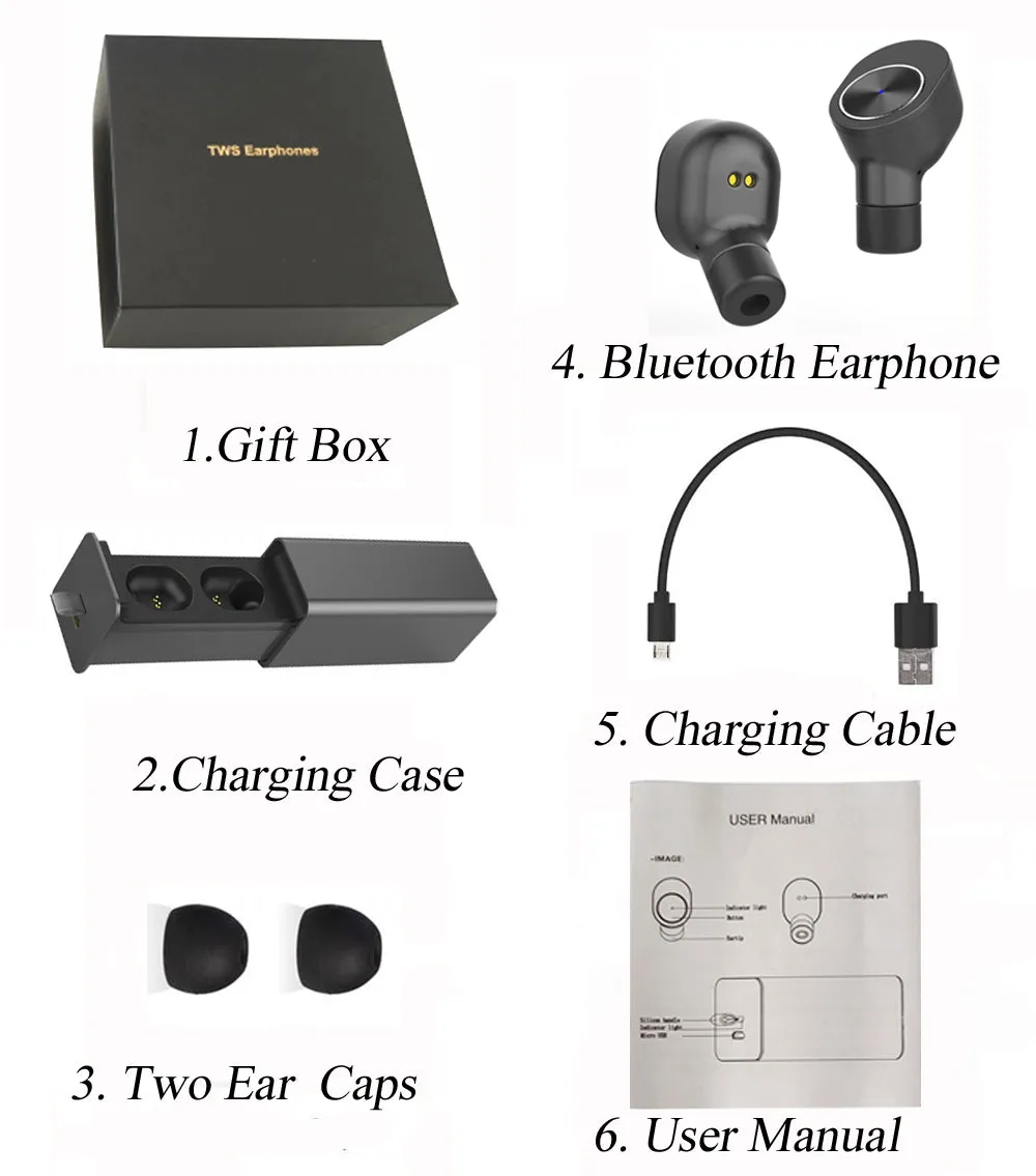 True Wireless Stereo GW10 Earbuds, Bluetooth V4.2 In-Ear Headset, Noise Cancelling Earphone with Charging Case, Invisible Headphone with Mic for Running Gym Workout for iPhone Samsung