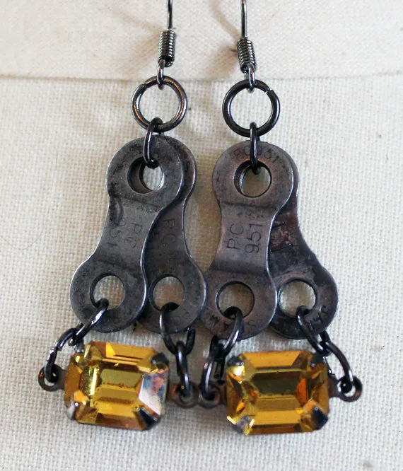 Upcycled Bicycle Chain Earrings with Vintage Swarovski Crystals