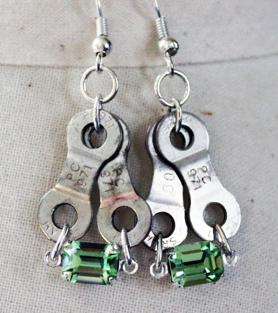 Upcycled Bicycle Chain Earrings with Vintage Swarovski Crystals
