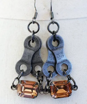 Upcycled Bicycle Chain Earrings with Vintage Swarovski Crystals