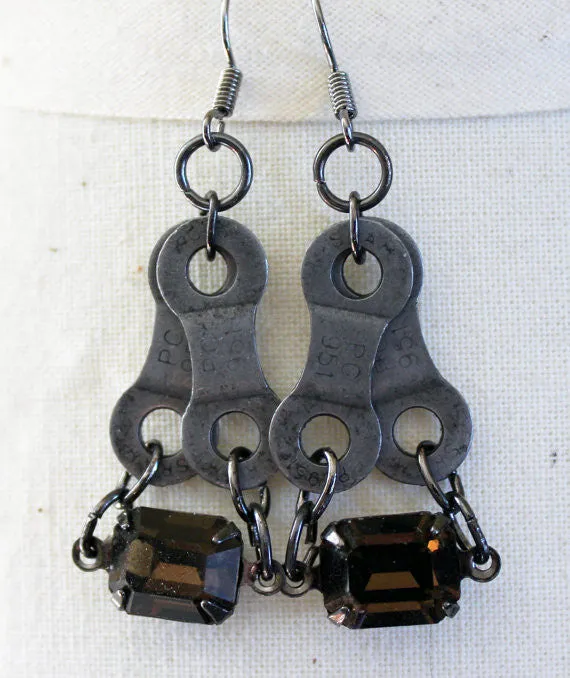 Upcycled Bicycle Chain Earrings with Vintage Swarovski Crystals