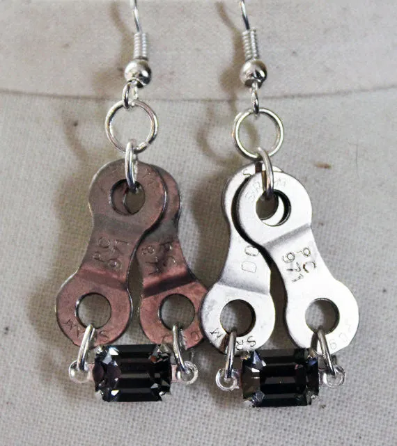 Upcycled Bicycle Chain Earrings with Vintage Swarovski Crystals