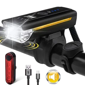 VICTGOAL Cycle Light Set USB Rechargeable 450 Lumens Bright Bicycle Light with Wired Control Electronic Horn Waterproof Front Headlight and Taillight for Night Cycling (Black)