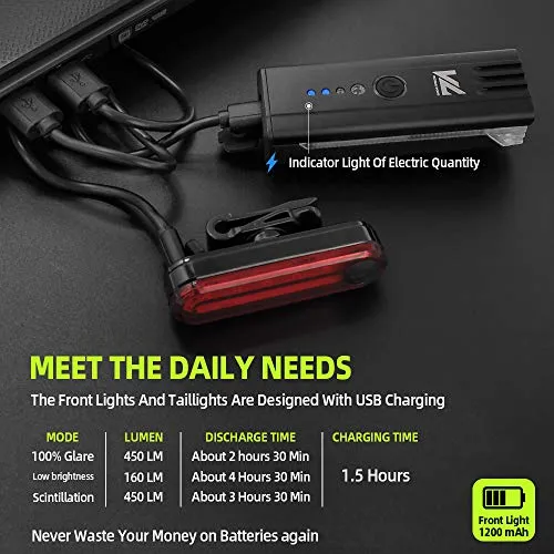 VICTGOAL Cycle Light Set USB Rechargeable 450 Lumens Bright Bicycle Light with Wired Control Electronic Horn Waterproof Front Headlight and Taillight for Night Cycling (Black)