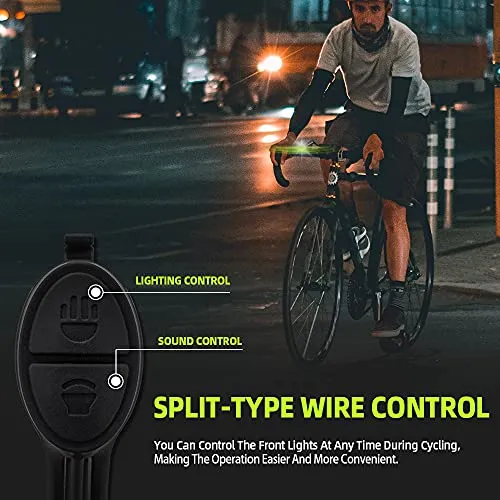 VICTGOAL Cycle Light Set USB Rechargeable 450 Lumens Bright Bicycle Light with Wired Control Electronic Horn Waterproof Front Headlight and Taillight for Night Cycling (Black)