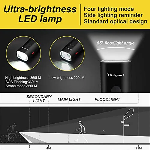 VICTGOAL USB Rechargeable Bicycle Light Set 400 Lumen Super Bright Headlight Front Lights and Back Rear LED 4 Light Mode Road Cycling Safety Flashlight Runtime 4  Hours (Black)
