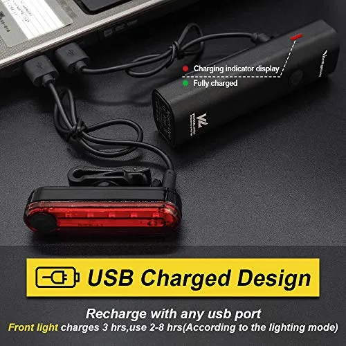 VICTGOAL USB Rechargeable Bicycle Light Set 400 Lumen Super Bright Headlight Front Lights and Back Rear LED 4 Light Mode Road Cycling Safety Flashlight Runtime 4  Hours (Black)