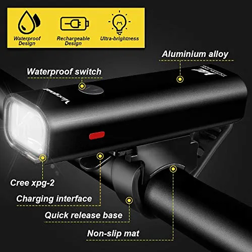 VICTGOAL USB Rechargeable Bicycle Light Set 400 Lumen Super Bright Headlight Front Lights and Back Rear LED 4 Light Mode Road Cycling Safety Flashlight Runtime 4  Hours (Black)