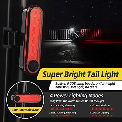 VICTGOAL USB Rechargeable Bicycle Light Set 400 Lumen Super Bright Headlight Front Lights and Back Rear LED 4 Light Mode Road Cycling Safety Flashlight Runtime 4  Hours (Black)