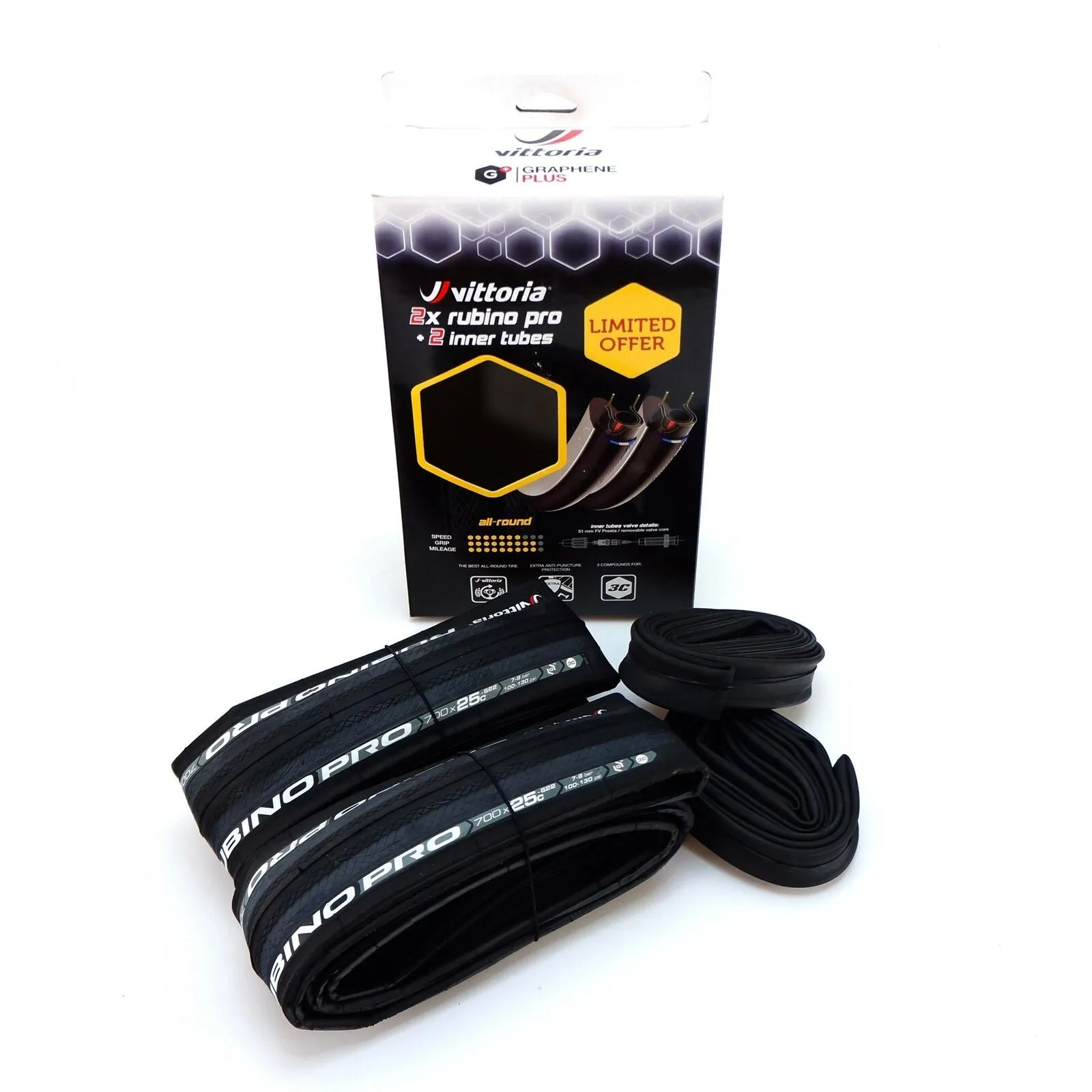 Vittoria 2 Tire   2 Tube Rubino Pro G  GRAPHENE 700 x 25c Black Road Bike set