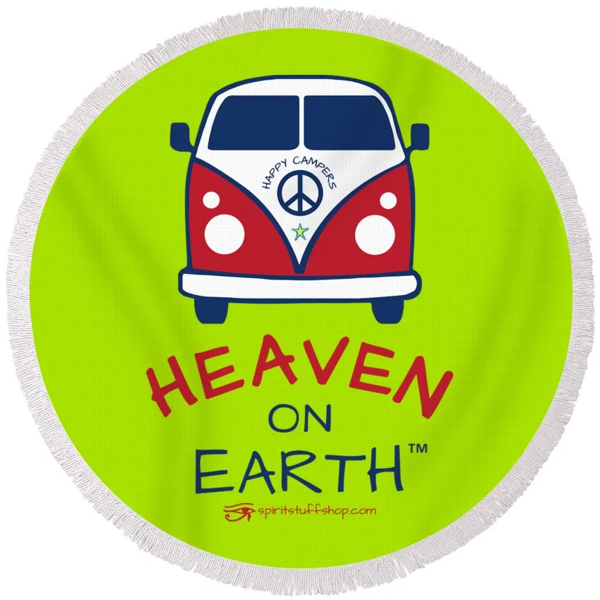 Vw Happy Camper Heaven On Earth - Round Beach Towel