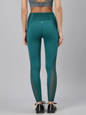 Women's Teal Green Solid Quick Dry High-Rise Training Tights With Mesh Details